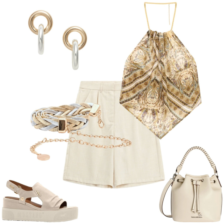 Outfit donna - A passeggio sul lungomare. Stile Casual chic per Mare. Abbinamento con sandali, cinture, bermuda, top, borse a secchiello, orecchini.