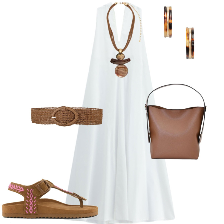 Outfit donna - Boho serata al mare. Stile Boho per Mare. Abbinamento con cinture, vestiti midi/longuette, borse a mano, ciondoli, orecchini, infradito.