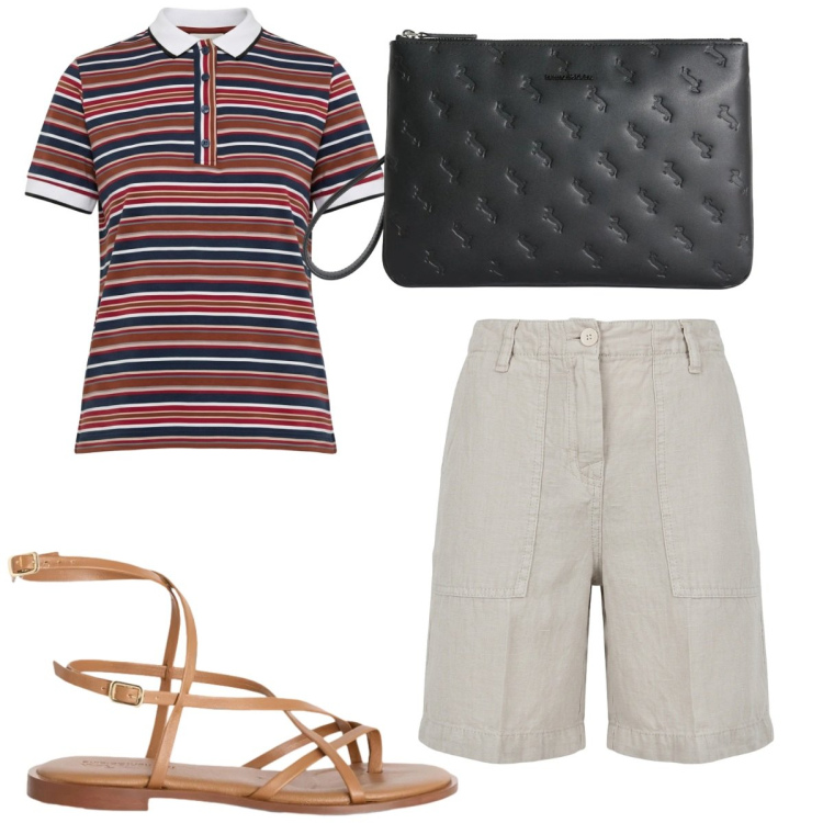 Outfit donna - Harmont & Blaine. Stile Casual chic per Ufficio. Abbinamento con bermuda, anelli, sandali in pelle, polo.