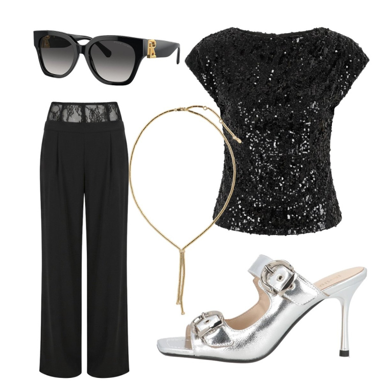 Outfit donna - Eleganza chic. Stile Chic per Cerimonia. Abbinamento con sandali in pelle, pantaloni a palazzo, top, collane, occhiali da sole.