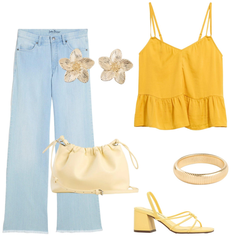 Outfit donna - Total look #2431580. Abbinamento con sandali col tacco, top, jeans, borse a tracolla, braccialetti, orecchini.