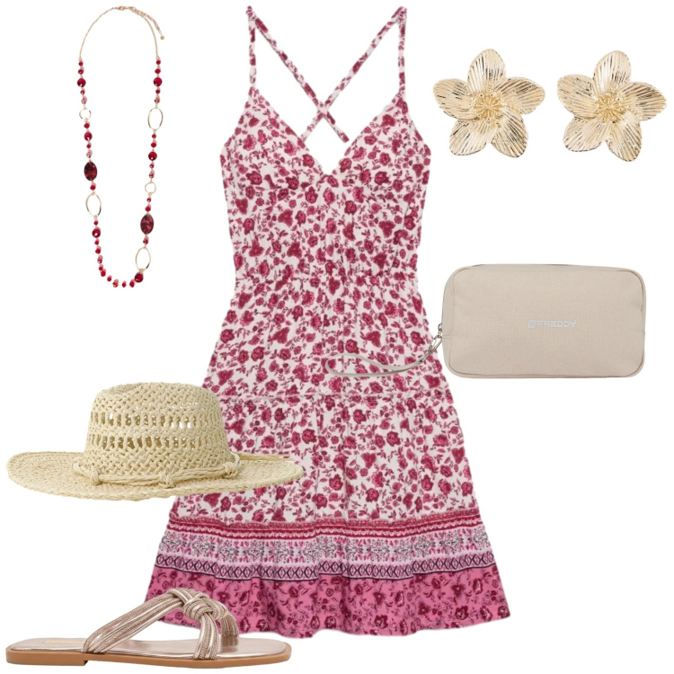 Outfit donna - L abito midi floreale. Stile Romantica per Tutti i giorni. Abbinamento con orecchini, vestiti corti, sandali, cappelli, collane, valigie.