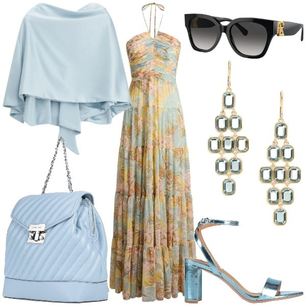 Outfit donna - Guardaroba di luglio. Stile Glamour per Serata fuori. Abbinamento con sandali in pelle, zaini, scialli, orecchini, vestiti, occhiali da sole.