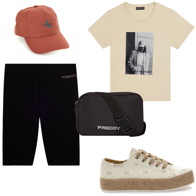 Outfit donna - Freddy: sporty Summer mood. Stile Casual per Tutti i giorni. Abbinamento con bermuda, t-shirt, borse a tracolla, sneakers, cappelli con visiera.