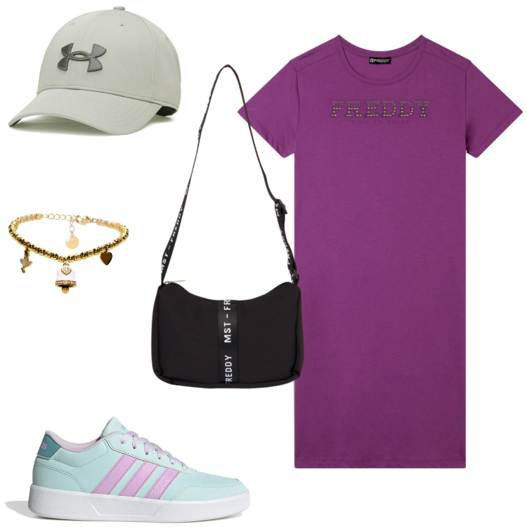 Outfit donna - Sporty summer. Stile Casual per Tutti i giorni. Abbinamento con vestiti, braccialetti, borse a tracolla, sneakers, cappelli con visiera.