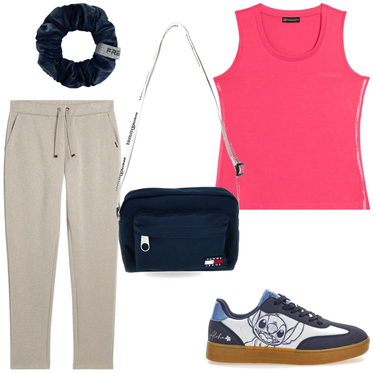 Outfit donna - Freddy: sporty summer. Stile Casual per Tutti i giorni. Abbinamento con pantaloni, accessori per capelli, canottiere, sneakers, borse a tracolla.