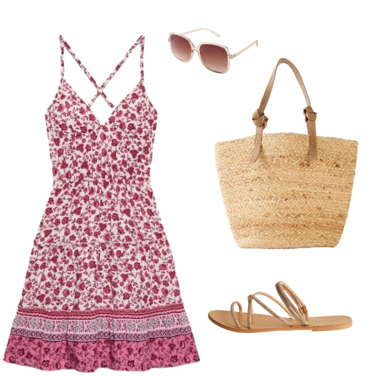 Outfit donna - Total look #2431597. per Mare. Abbinamento con occhiali da sole, shopping bag, vestiti corti, sandali.