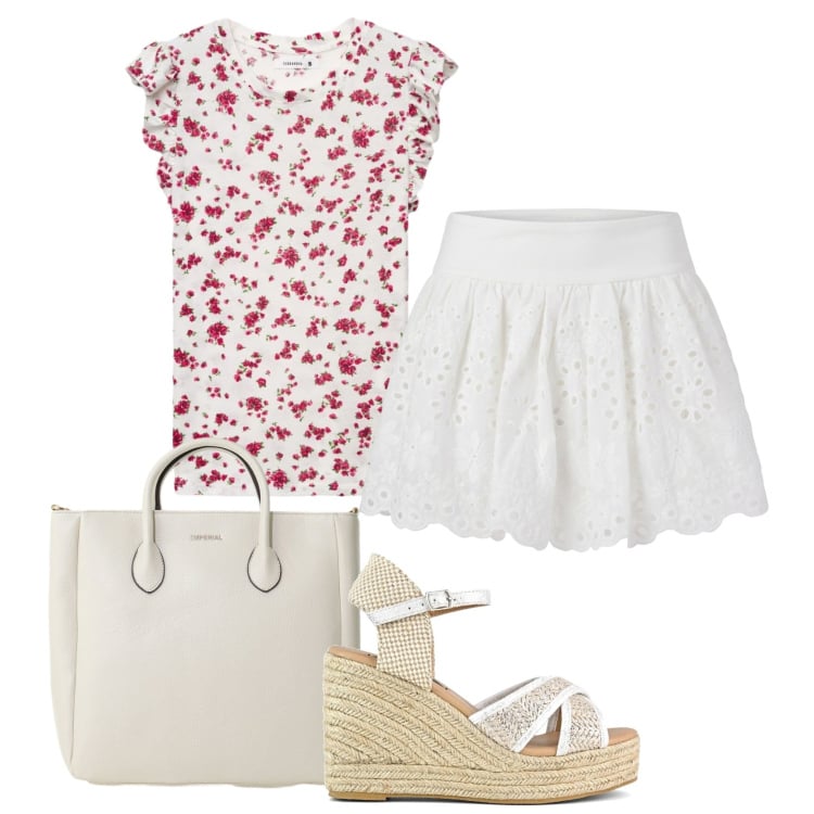 Outfit donna - In città a luglio. Stile Chic per Tutti i giorni. Abbinamento con t-shirt, minigonne, borse a tracolla, zeppe.