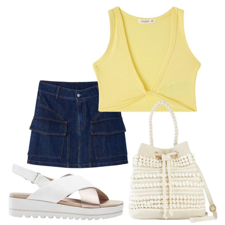 Outfit donna - Caldo in città. Stile Casual chic per Tutti i giorni. Abbinamento con sandali, borse a secchiello, minigonne, top.
