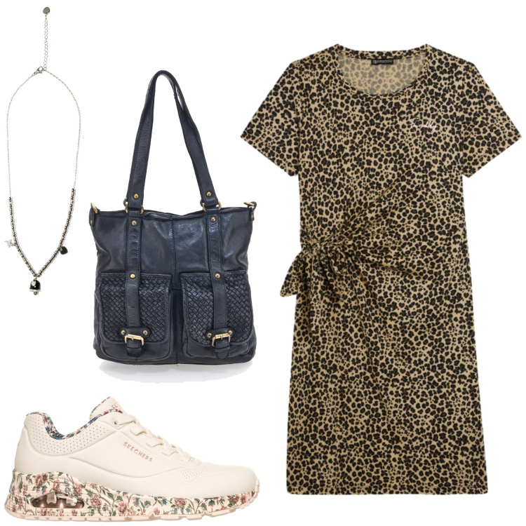 Outfit donna - Freddy: comfy e femminile. Stile Casual per Tutti i giorni. Abbinamento con vestiti midi/longuette, ciondoli, sneakers alte, borse a spalla.