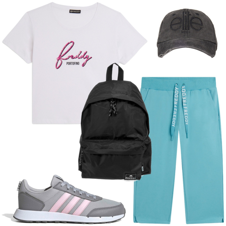 Outfit donna - Pronta per un weekend di camminate. Stile Casual per Tutti i giorni. Abbinamento con pantaloni, t-shirt, cappelli, sneakers, zaini.