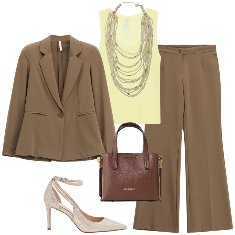 Outfit donna - Tempo di saldi imperial e Rinascimento. Stile Chic per Cerimonia. Abbinamento con décolleté, blazer, pantaloni a palazzo, borse a tracolla, collane, canottiere.