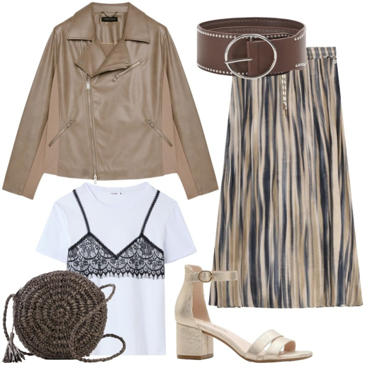 Outfit donna - Tempo di saldi. Stile Casual chic per Serata fuori. Abbinamento con sandali col tacco, borse a tracolla, t-shirt, cinture, gonne lunghe, blazer.