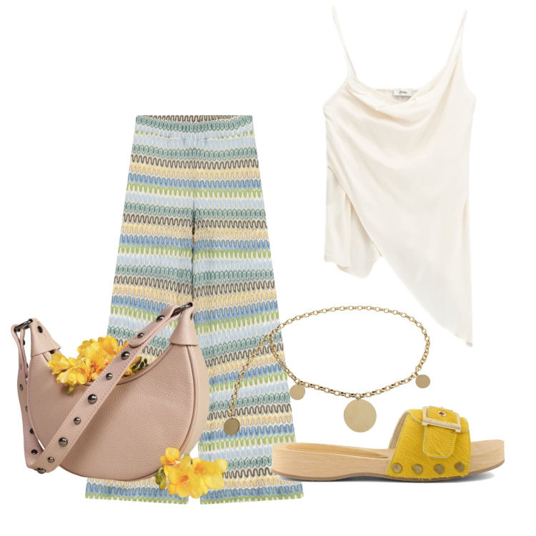 Outfit donna - Luglio. Stile Boho per Tutti i giorni. Abbinamento con pantaloni a palazzo, top, borse a spalla, cinture, ciabatte.