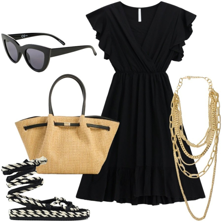 Outfit donna - Weekend al mare. Stile Casual chic per Tutti i giorni. Abbinamento con shopping bag, occhiali da sole, vestiti corti, collane, sandali.