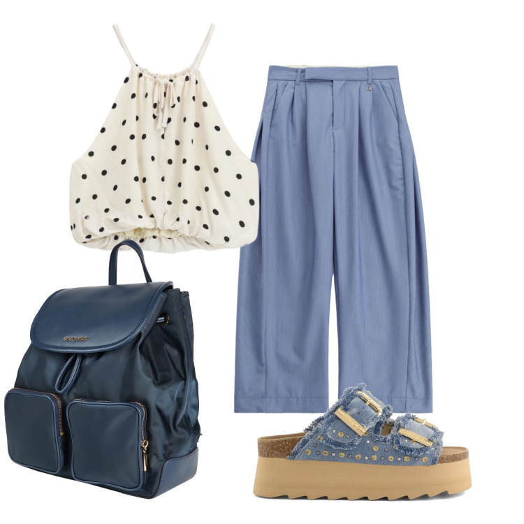 Outfit donna - Luglio. Stile Trendy per Tutti i giorni. Abbinamento con zaini, pantaloni a palazzo, top, zeppe.
