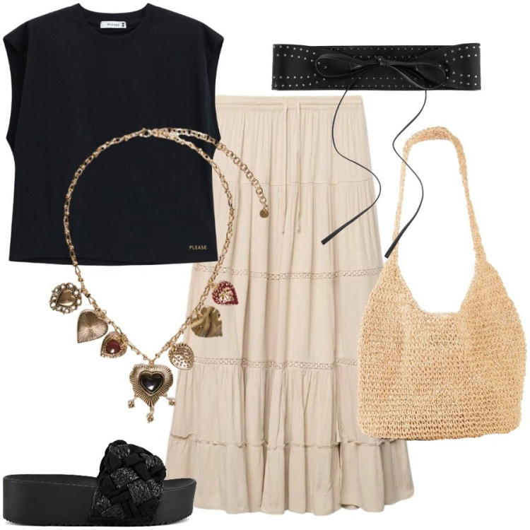 Outfit donna - Estate boho. Stile Boho per Tutti i giorni. Abbinamento con shopping bag, gonne lunghe, cinture, top, collane, ciabatte.