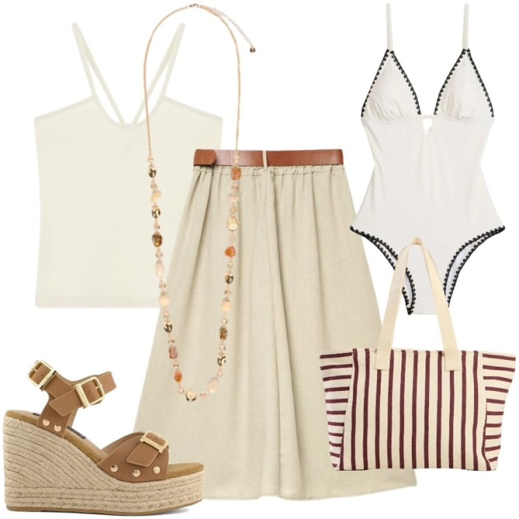 Outfit donna - Nella valigia del weekend. Stile Casual chic per Mare. Abbinamento con costumi interi, shopping bag, gonne lunghe, canottiere, collane, zeppe.