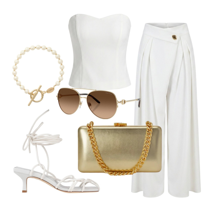 Outfit donna - Luglio. Stile Chic per Cerimonia. Abbinamento con sandali col tacco, pantaloni a palazzo, top, occhiali da sole, clutch, braccialetti.