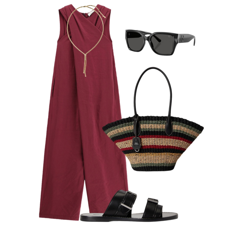 Outfit donna - Maxi tote in rafia. Stile Trendy per Tutti i giorni. Abbinamento con tute, collane, borse tote, sandali in pelle, occhiali da sole.