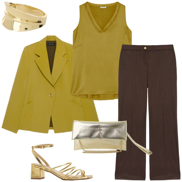 Outfit donna - Total look #2431648. Stile Chic per Cerimonia. Abbinamento con sandali col tacco, borse a tracolla, braccialetti, top, blazer, pantaloni.