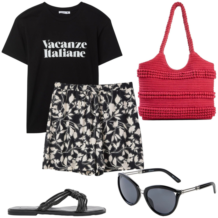 Outfit donna - Total look #2431649. Stile Casual per Mare. Abbinamento con occhiali da sole, shopping bag, shorts, t-shirt, sandali.