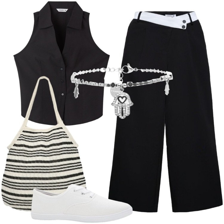 Outfit donna - Total look #2431650. Stile Trendy per Tutti i giorni. Abbinamento con sneakers, pantaloni, shopping bag, top, braccialetti.