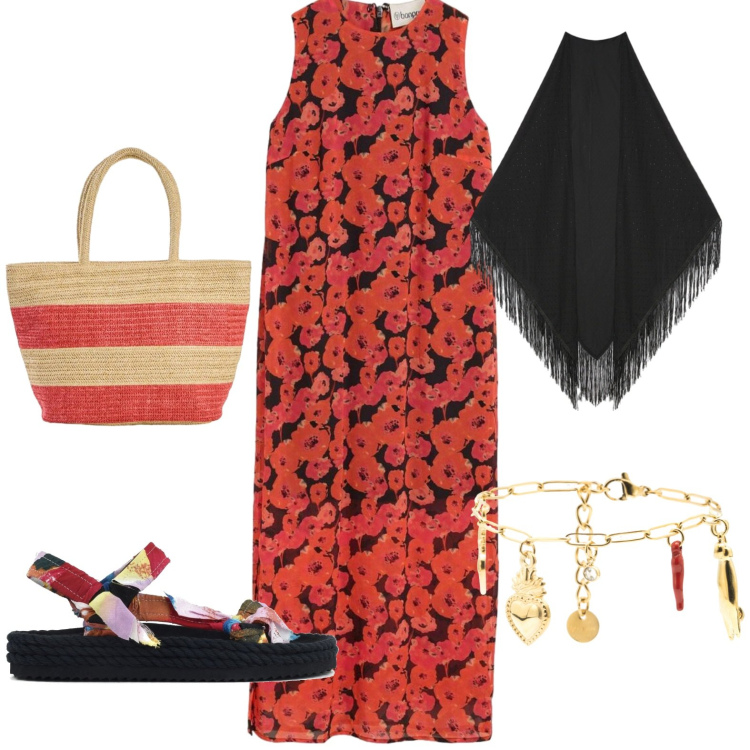 Outfit donna - Total look #2431651. Stile Casual per Tutti i giorni. Abbinamento con shopping bag, vestiti lunghi, foulard, braccialetti, sandali.