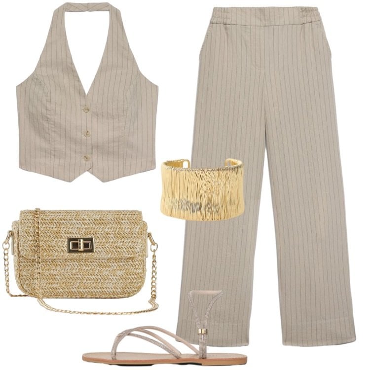 Outfit donna - Total look #2431653. Stile Casual per Tutti i giorni. Abbinamento con borse a tracolla, pantaloni, gilet, sandali, reggiseni, braccialetti.