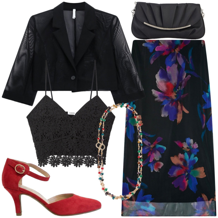 Outfit donna - Total look #2431654. Stile Casual chic per Serata fuori. Abbinamento con clutch, décolleté, gonne lunghe, top, blazer, collane.