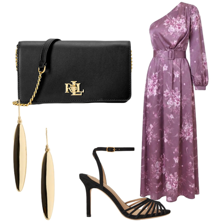 Outfit donna - Elegante in monospalla. Stile Romantica per Cerimonia. Abbinamento con vestiti lunghi, sandali col tacco, orecchini, borse a mano.