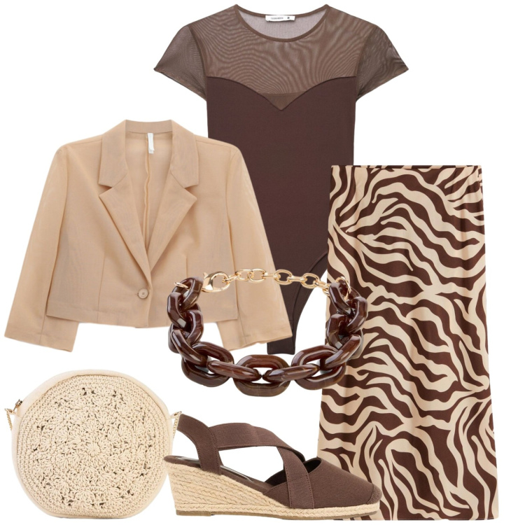 Outfit donna - Total look #2431660. Stile Casual per Tutti i giorni. Abbinamento con gonne longuette, borse a tracolla, braccialetti, zeppe, top, blazer.