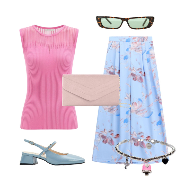 Outfit donna - Petali rosa d estate. Stile Vintage retrò per Mare. Abbinamento con clutch, décolleté, top, pantaloni a palazzo, occhiali da sole, braccialetti.