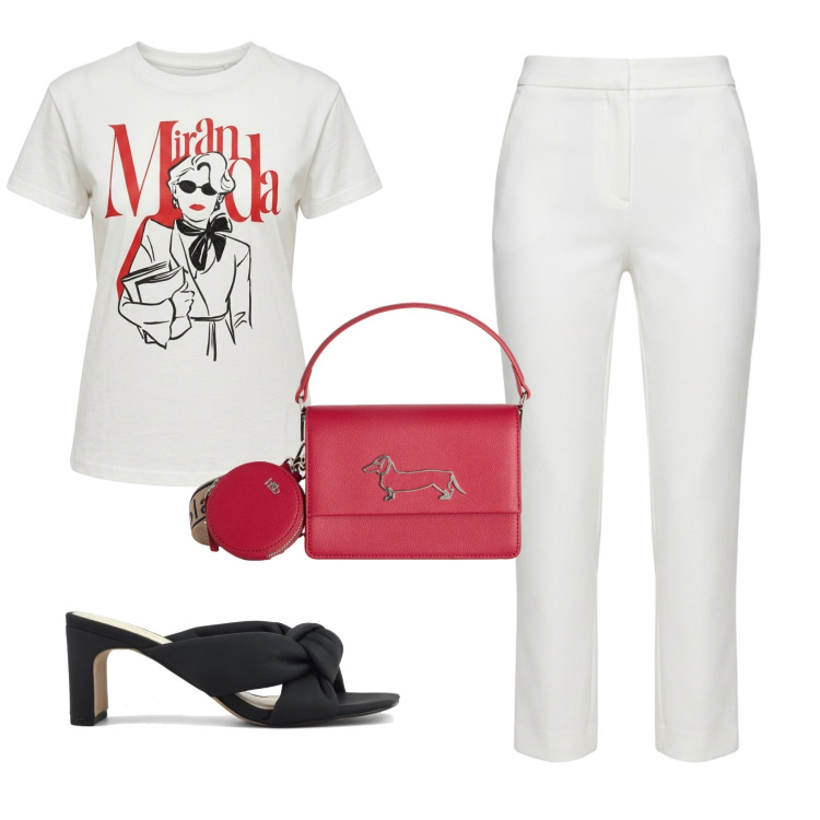 Outfit donna - Total look #2431663. Stile Glamour per Tutti i giorni. Abbinamento con borse a tracolla, pantaloni, t-shirt, sandali col tacco.