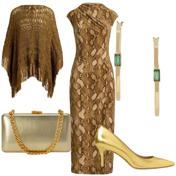 Outfit donna - Chic. Stile Chic per Serata fuori. Abbinamento con orecchini, vestiti midi/longuette, cappotti, décolleté, clutch.