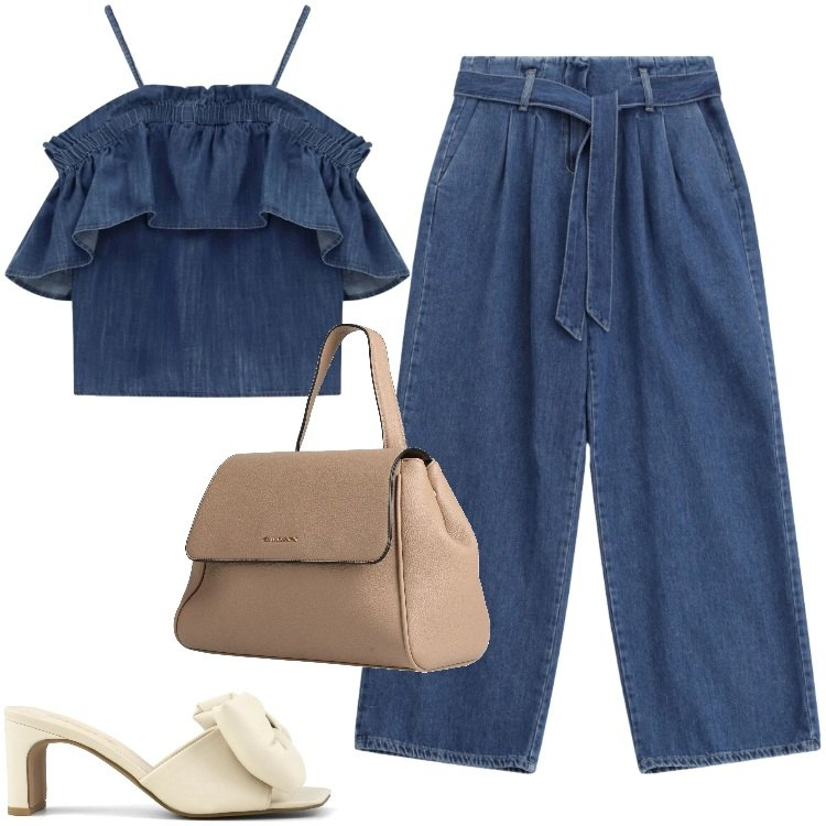 Outfit donna - Total look #2431668. Stile Trendy per Tutti i giorni. Abbinamento con zaini, jeans, top, sandali col tacco.