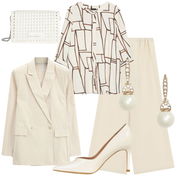 Outfit donna - Chic. Stile Chic per Cerimonia. Abbinamento con borse a tracolla, bluse, orecchini, décolleté, pantaloni a palazzo, blazer.