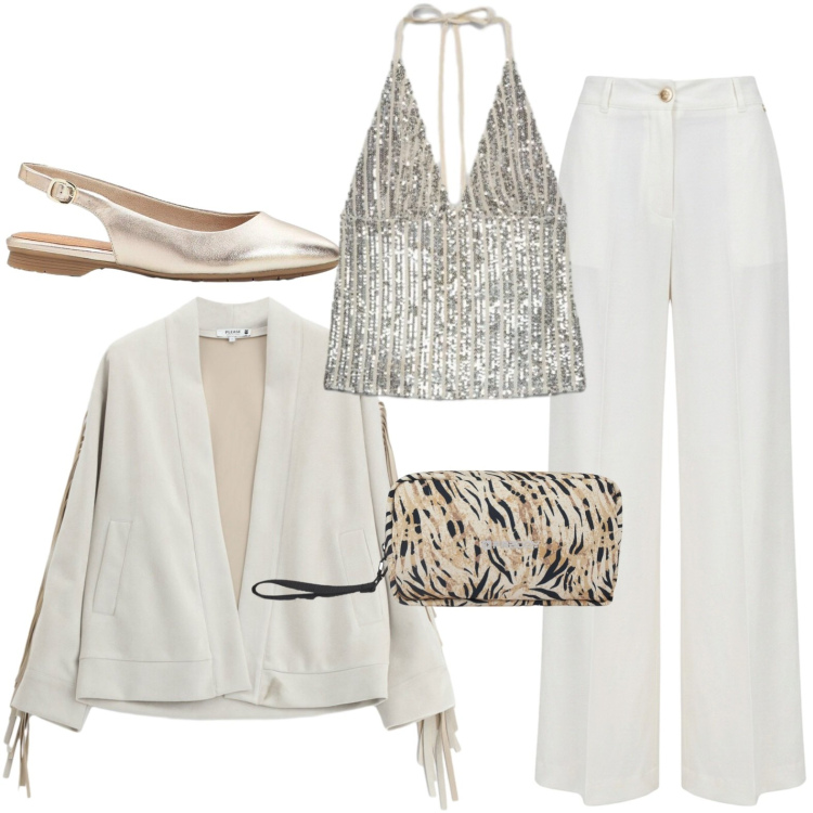 Outfit donna - Total look #2431671. Stile Casual chic per Serata fuori. Abbinamento con ballerine, top, pantaloni a palazzo, blazer, valigie.