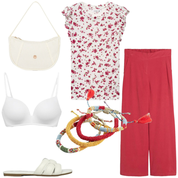 Outfit donna - Total look #2431674. Stile Casual per Tutti i giorni. Abbinamento con braccialetti, pantaloni a palazzo, t-shirt, reggiseni, ciabatte, borse a mano.