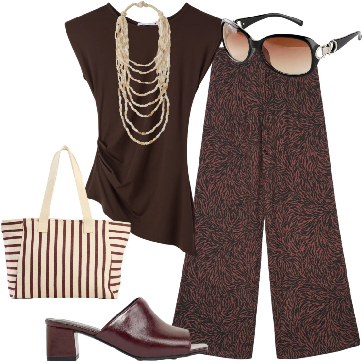 Outfit donna - Total look #2431676. Stile Casual per Tutti i giorni. Abbinamento con ciabatte, shopping bag, occhiali da sole, top, pantaloni, collane.