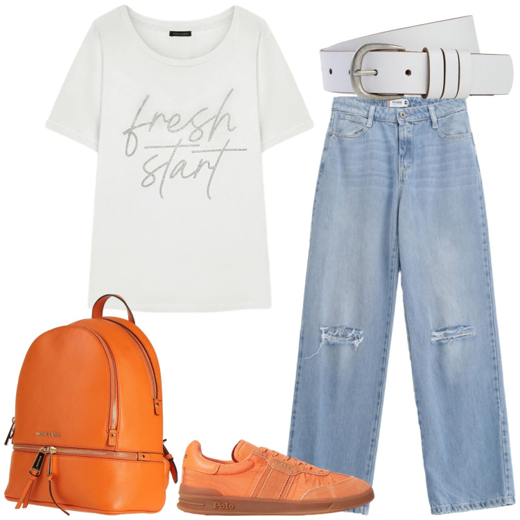 Outfit donna - City. Stile Casual per Tutti i giorni. Abbinamento con zaini, cinture, jeans strappati, t-shirt, sneakers.