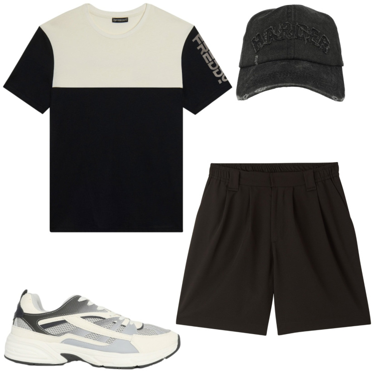 Outfit uomo - Total look #2431694. Stile Urban per Sport. Abbinamento con pantaloni corti, sneakers, cappelli con visiera, t-shirt.