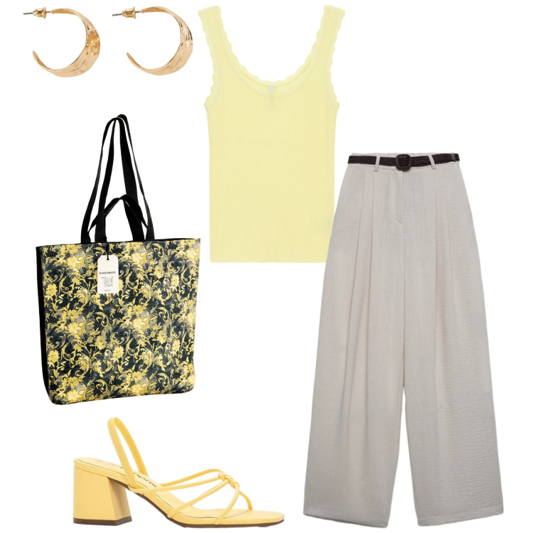 Outfit donna - Total look #2431696. Stile Casual chic per Ufficio. Abbinamento con sandali col tacco, orecchini, pantaloni, borse tote, canottiere.