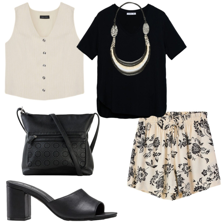Outfit donna - Total look #2431698. Stile Trendy per Serata fuori. Abbinamento con borse a tracolla, sandali col tacco, t-shirt, shorts, collane, gilet.