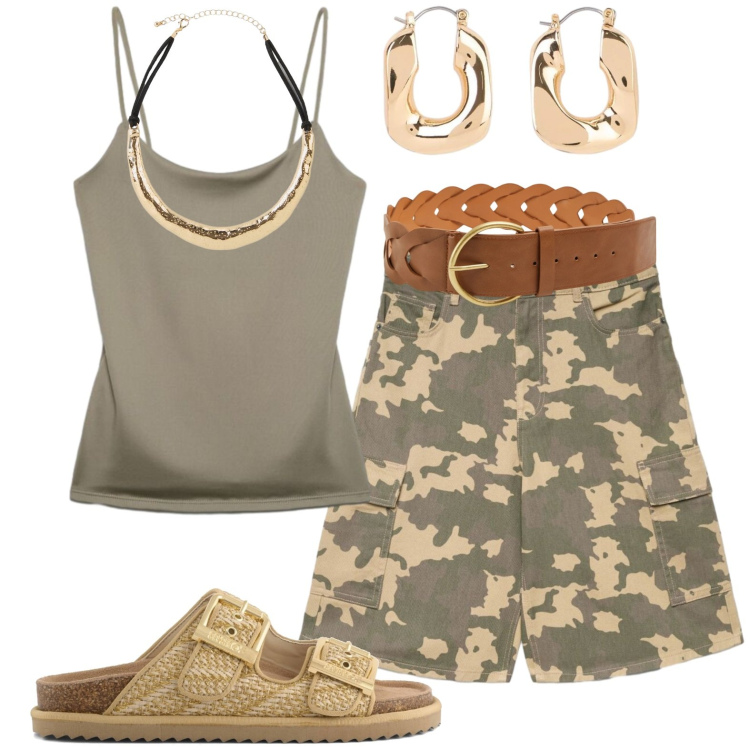 Outfit donna - Total look #2431700. Stile Casual per Mare. Abbinamento con orecchini, collane, pantaloni corti, cinture, canottiere, sandali.