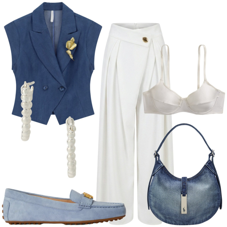 Outfit donna - In ufficio. Stile Casual per Ufficio. Abbinamento con pantaloni a palazzo, gilet, orecchini, borse a spalla, mocassini, reggiseni.