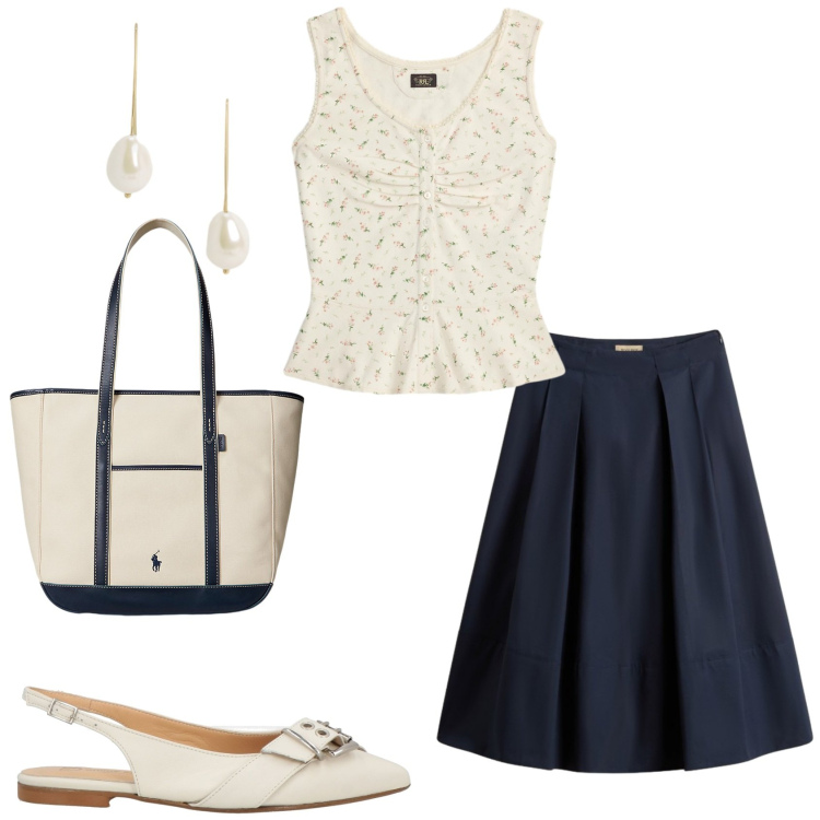 Outfit donna - Pomeriggio con le amiche. Stile Casual chic per Tutti i giorni. Abbinamento con ballerine, borse tote, orecchini, top, gonne lunghe.
