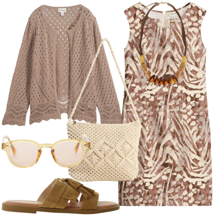Outfit donna - Total look #2431705. Stile Casual chic per Serata fuori. Abbinamento con cardigans, vestiti a tubino, borse a tracolla, occhiali da sole, sandali, collane.