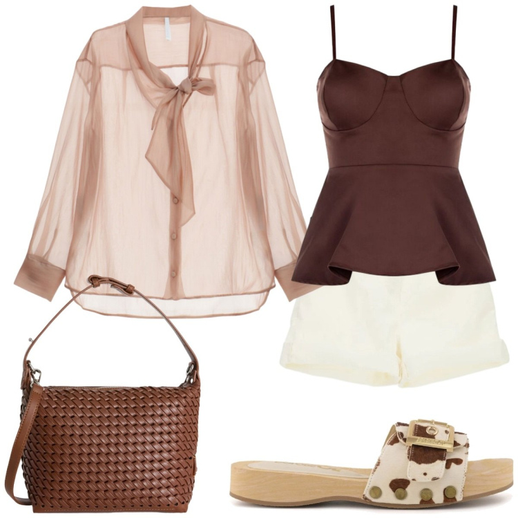 Outfit donna - Choco summer. Stile Glamour per Tutti i giorni. Abbinamento con borse a spalla, shorts, canottiere, camicie, ciabatte.