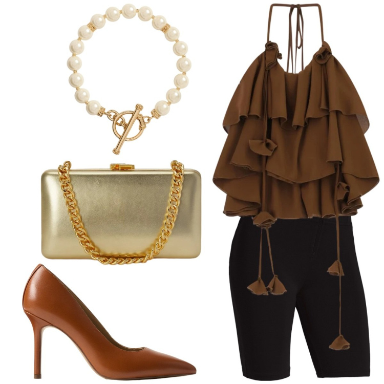 Outfit donna - Aperitiviamolo. Stile Glamour per Tutti i giorni. Abbinamento con top, shorts, décolleté, collane, clutch.
